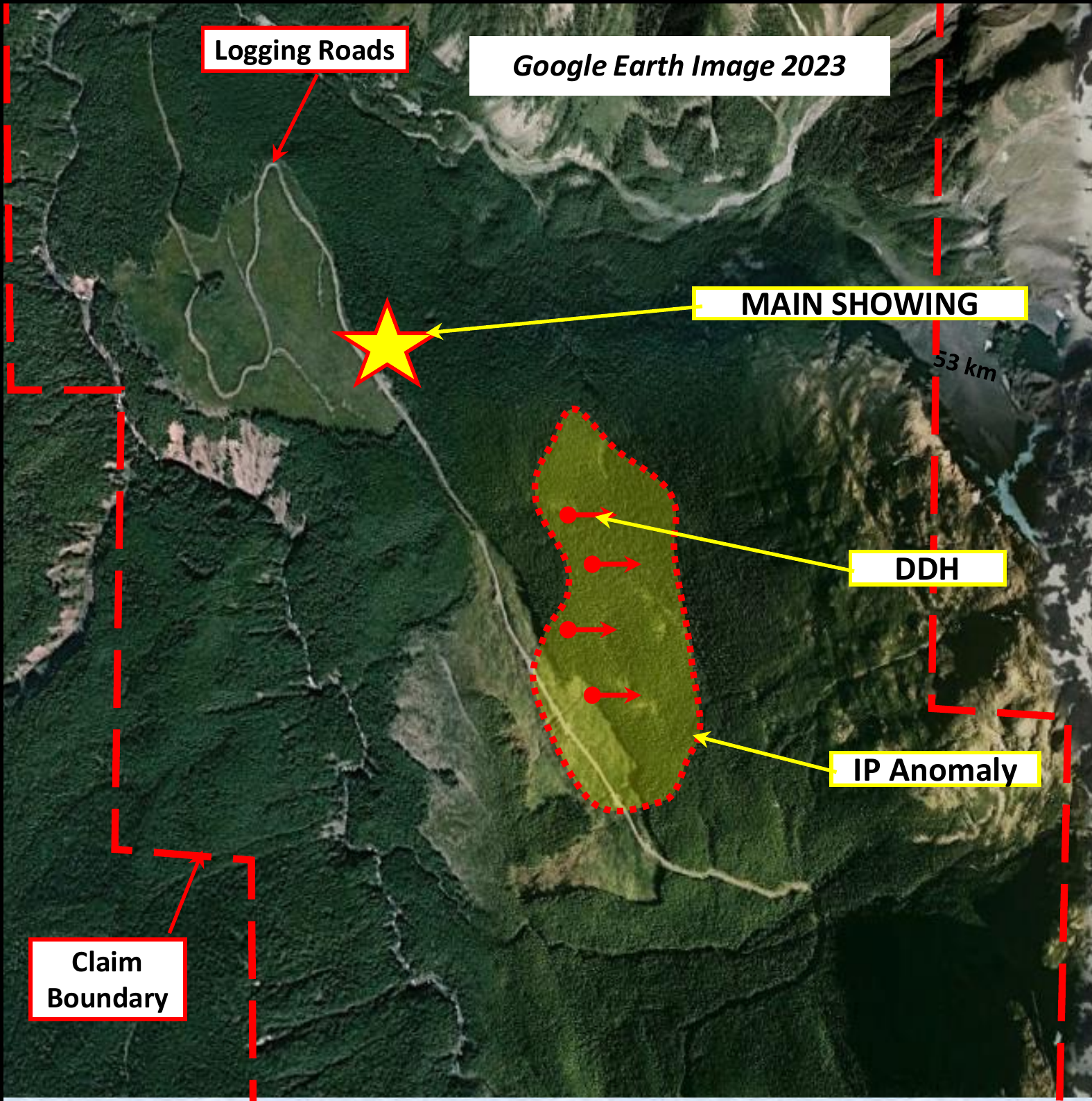 Switchback property map showing claim boundary, main showing, drill holes and IP anomaly